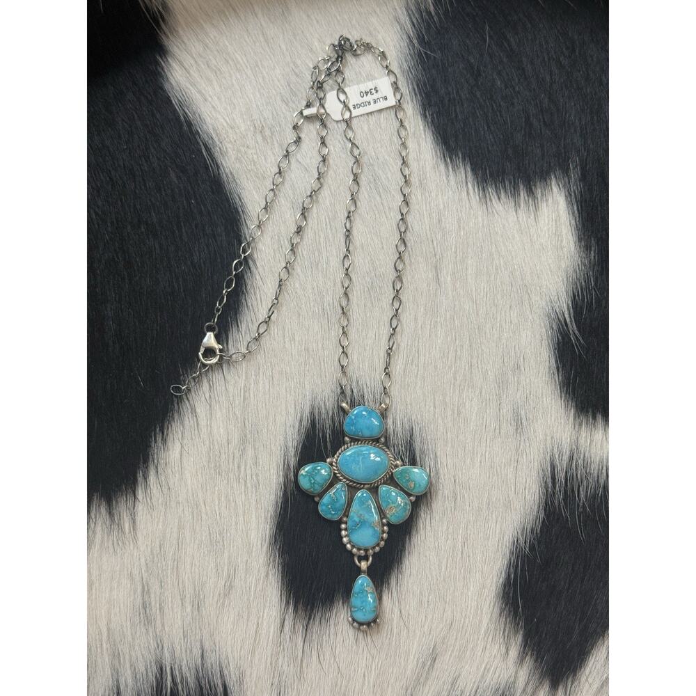 Native American SW Sterling Silver Blue Ridge Turquoise Cluster Blossom Necklace - Picture 9 of 9